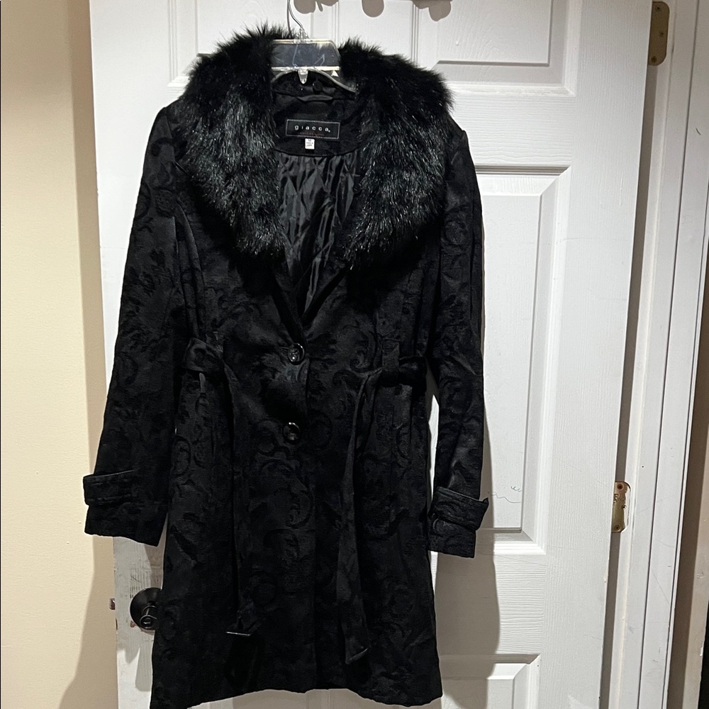 Tahari Black Trench Coat with Faux Fur Collar